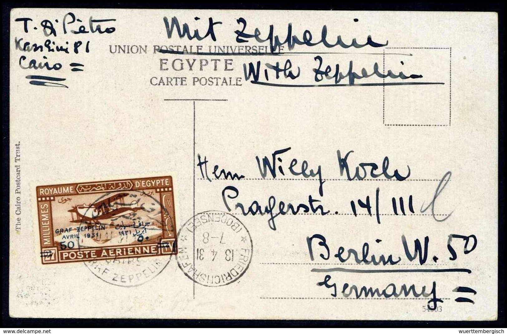 Beleg 1931, Ägyptenfahrt, Tadellose Postkarte Ägyptische Post Mit Zeppelinmarke 50 Mm Und Stempel Von Kairo. (Michel: Si - Autres & Non Classés