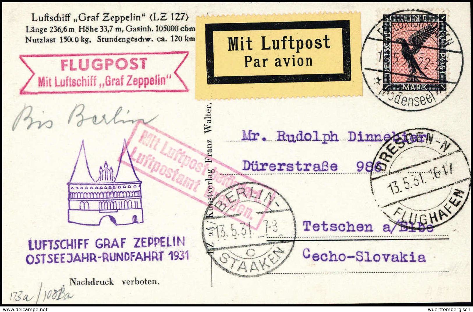 Beleg 1931, Ostseejahr-Rundfahrt, Friedrichshafen - Berlin, Tadellose Postkarte 1 Mk. (Michel: Si.108Ba) - Autres & Non Classés