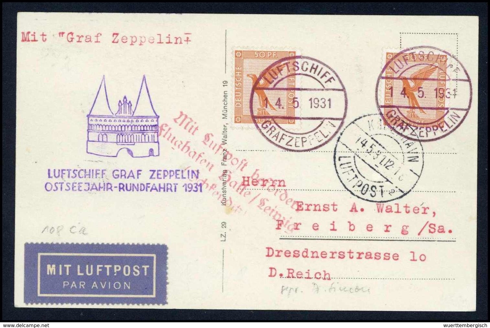 Beleg 1931, Ostseejahr-Rundfahrt, Abwurf Kopenhagen, Tadellose Bordpostkarte Zweimal 50 Pfg. (Michel: Si.108Ca) - Autres & Non Classés