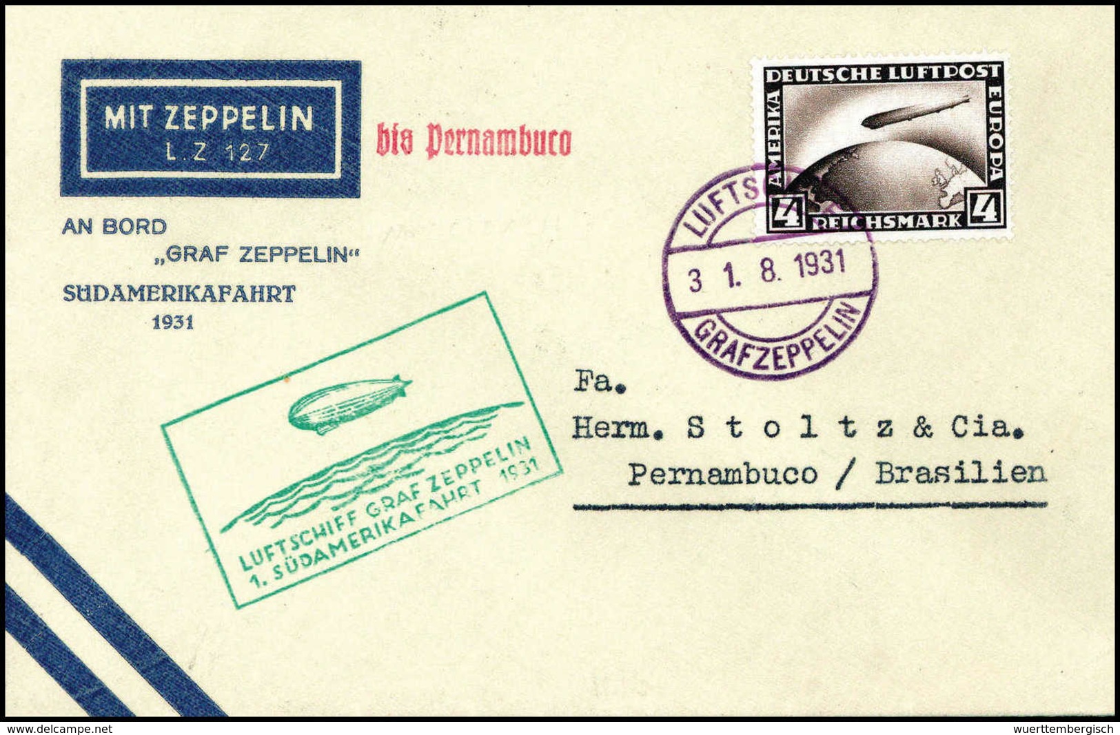 Beleg 1931, 1.SA-Fahrt Bis Pernambuco, Bordpost, Tadelloser Brief Zeppelin 4 Mk. (Michel: Si.124Bb) - Autres & Non Classés