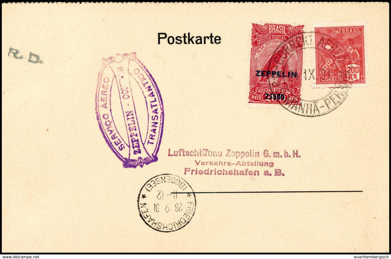 Beleg 1931, 2.SA-Fahrt, Brasilianische Post, Tadellose Karte Mit Zeppelinmarke 2500 R. (Michel: Si.130A) - Sonstige & Ohne Zuordnung