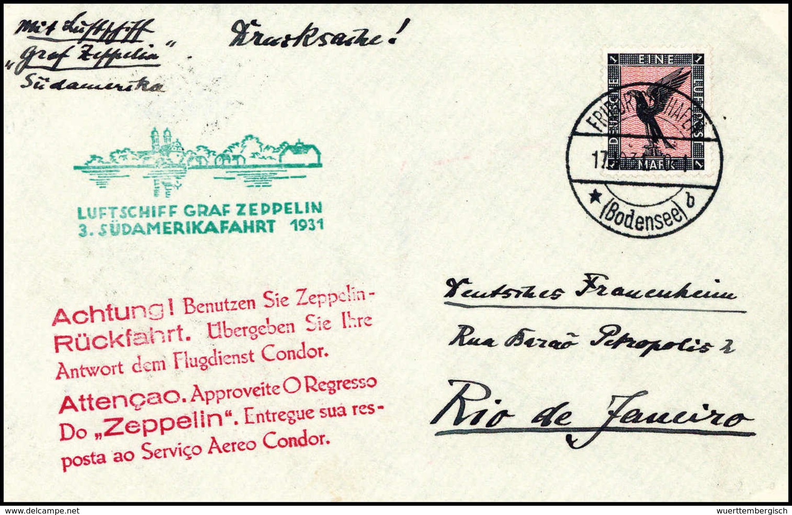 Beleg 1931, 3.SA-Fahrt, Auflieferung Friedrichshafen Mit Rotem Rückfahrt-Werbestempel, Tadelloser Brief 1 Mk. (Michel: S - Autres & Non Classés