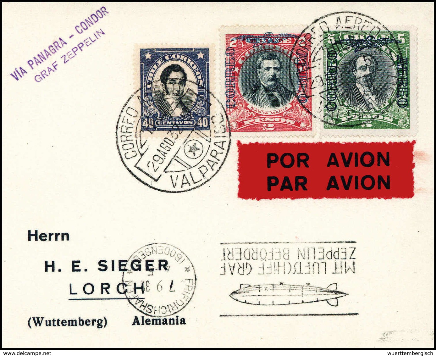 Beleg 1932, 5.SA-Fahrt, Tadellose Karte Chilenische Post Mit Violettem Leitstempel "via Panagra - Condor / Graf Zeppelin - Sonstige & Ohne Zuordnung