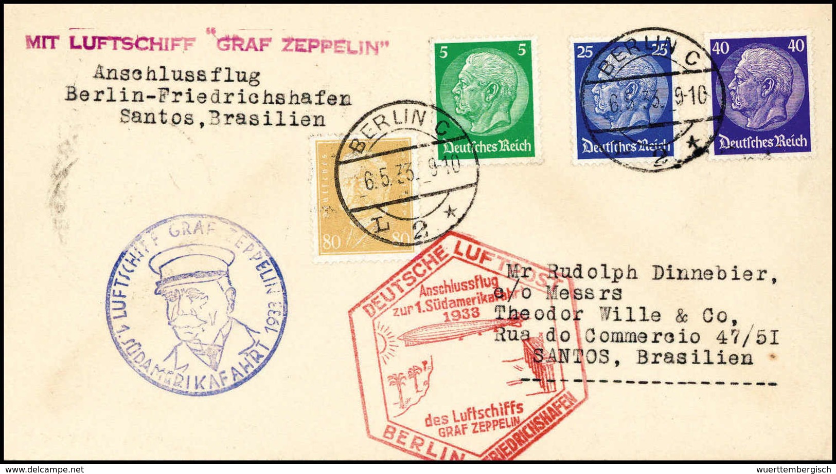 Beleg 1933, 1.SA-Fahrt, Anschlußflug Ab Berlin, Tadelloser Brief DR Nach Santos. (Michel: Si.202Ba) - Autres & Non Classés