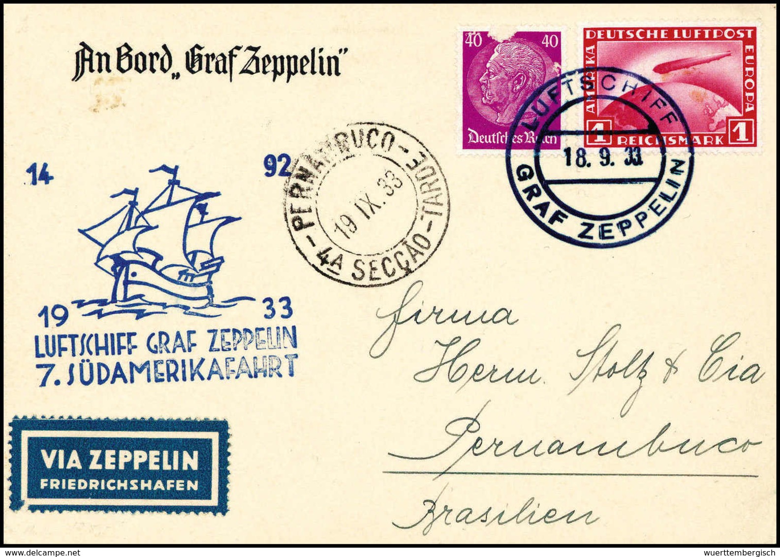 Beleg 1933, 7.SA-Fahrt, Bordpost Hinfahrt, Tadellose Postkarte Zeppelin 1 Mk. Und Hindenburg 40 Pfg. (diese Mgl.) Nach P - Autres & Non Classés