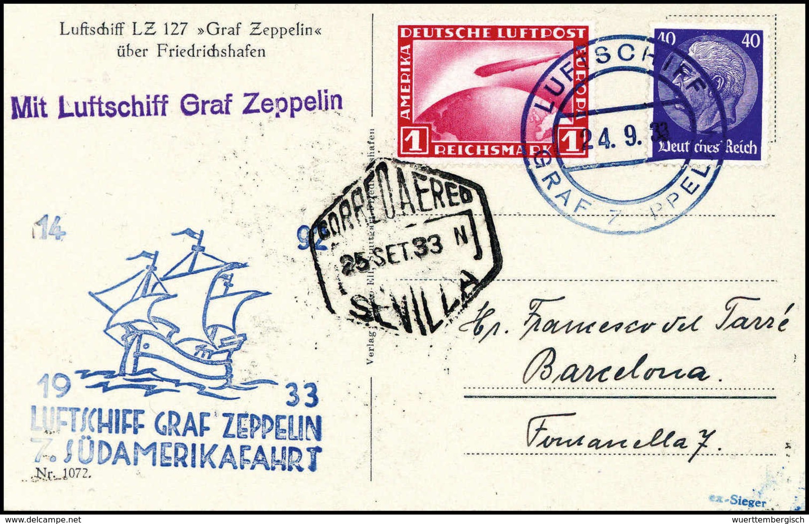 Beleg 1933, 7.SA-Fahrt, Postabgabe Sevilla, Tadellose Postkarte Zeppelin 1 Mk. Und Hindenburg 40 Pfg., Sign. Sieger. (Mi - Autres & Non Classés