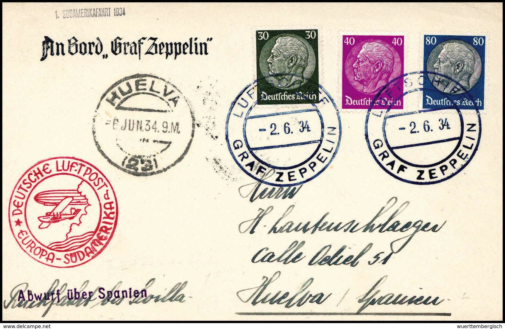 Beleg 1934, 1.SA-Fahrt, Leitstempel "Abwurf über Spanien" Mit Bordpoststempel Vom 2.6.34, Rs. Ak.-Stempel SEVILLA 5/6 34 - Autres & Non Classés