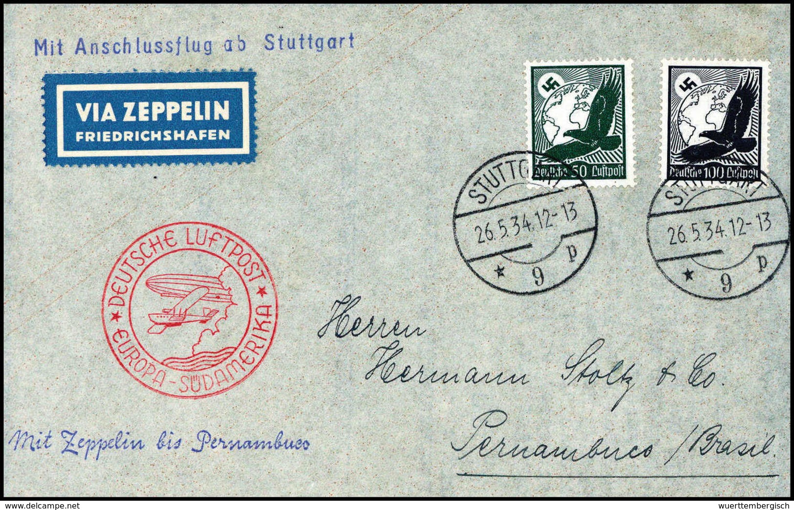 Beleg 1934, 1.SA-Fahrt, Anschlußflug Stuttgart, Tadelloser Brief DR 50 Und 100 Pfg. (Michel: Si.247Ba) - Autres & Non Classés