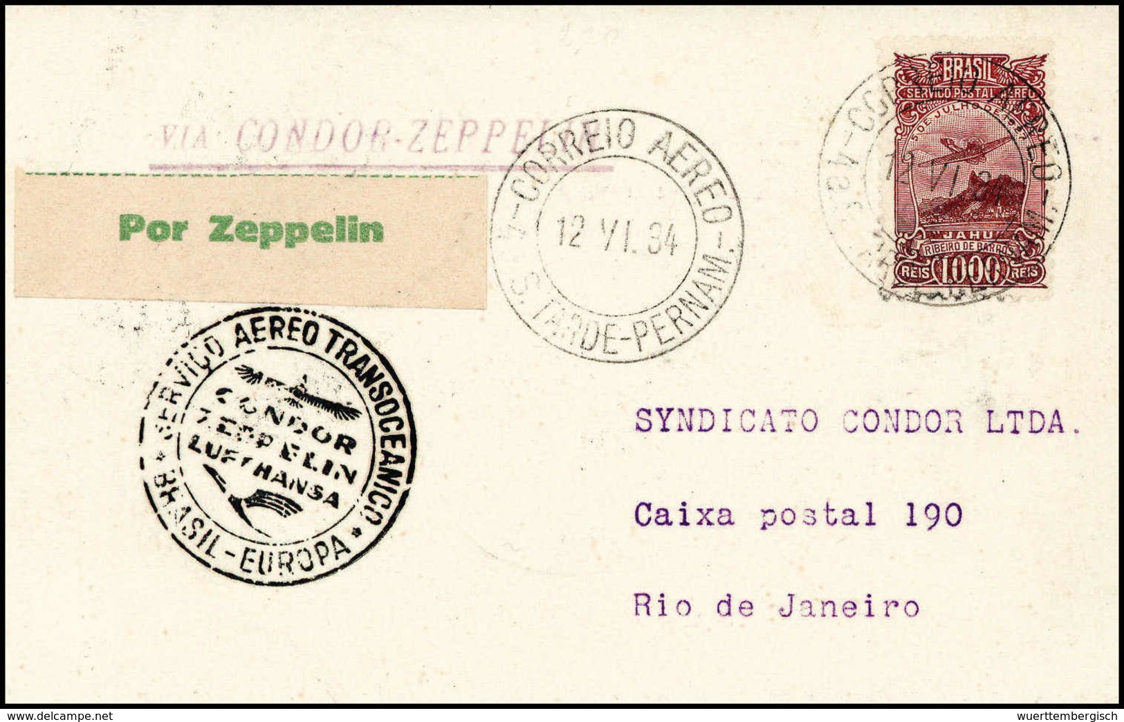 Beleg 1934, 2.SA-Fahrt, Brasilianische Post, Recife - Rio, Tadellose Postkarte. (Michel: Si.252B) - Sonstige & Ohne Zuordnung