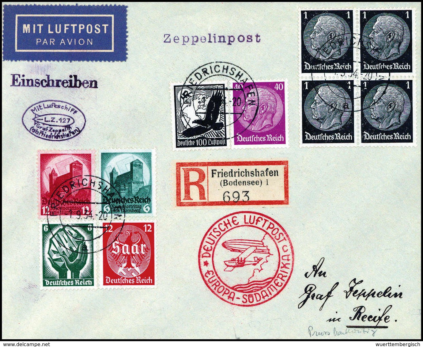 Beleg 1934, 7.SA-Fahrt, Auflieferung Friedrichshafen, Tadelloser, Bunt Frankierter Einschreibebrief. (Michel: Si.271A) - Autres & Non Classés