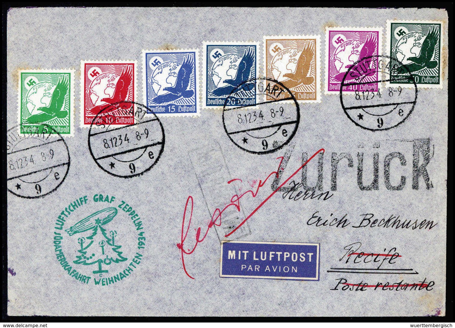 Beleg 1934, Weihnachtsfahrt, Anschlußflug Stuttgart, Schöner Brief Mit Sieben Versch. Flugpostmarken 5-50 Pfg. Und Stemp - Autres & Non Classés