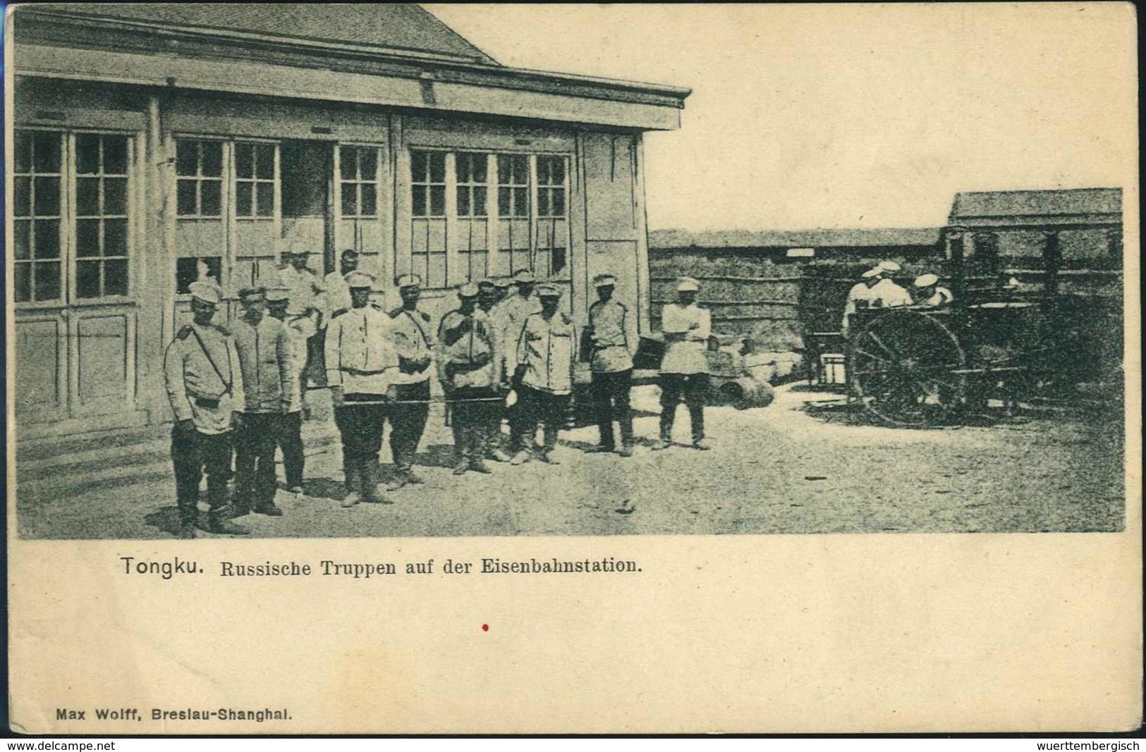 Beleg (1900), "Tongku, Russische Truppen Auf Der Eisenbahnstation", Interessante Ungebr. Foto-AK. - Autres & Non Classés