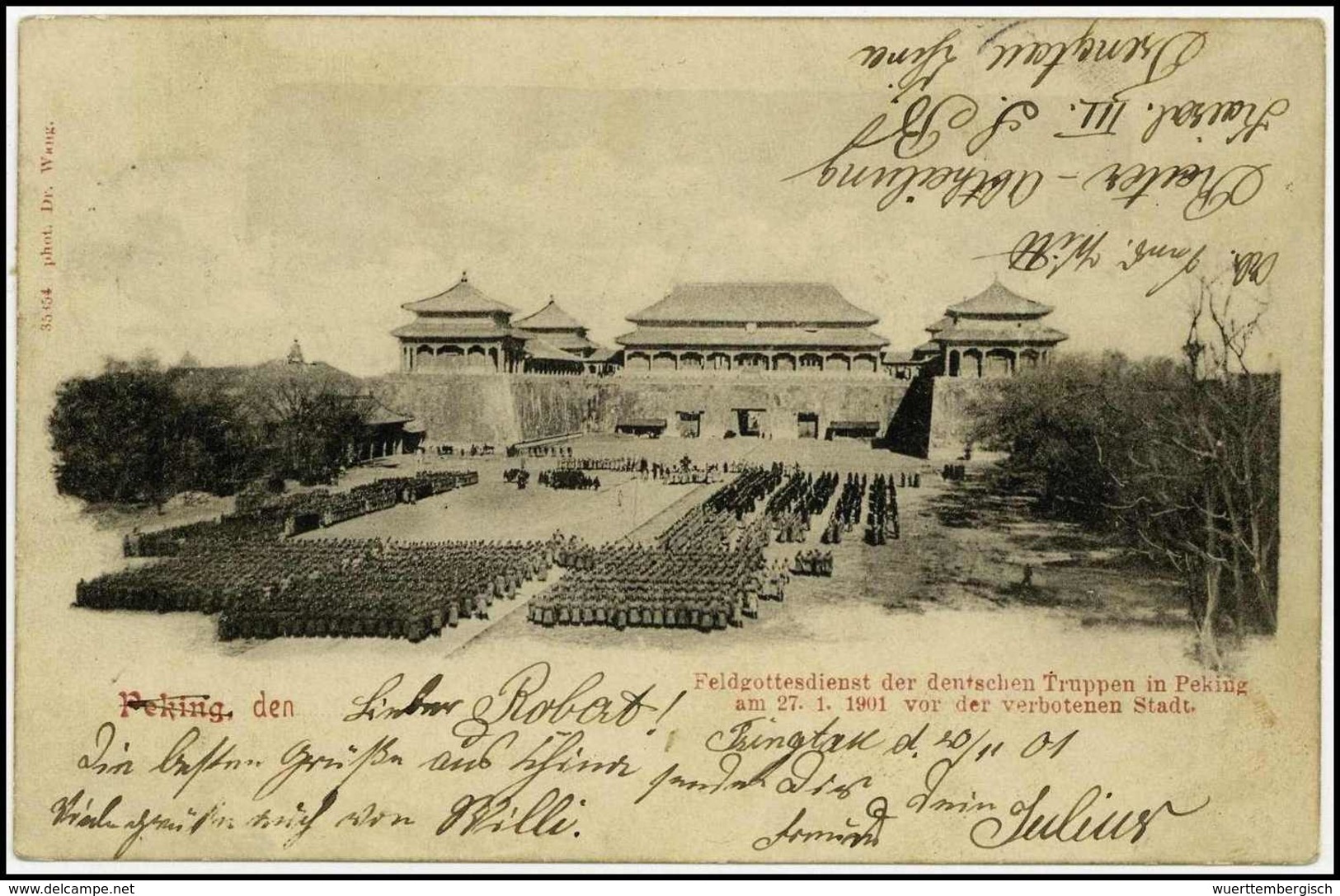 Beleg 1901, "Feldgottesdienst Der Deutschen Truppen In Peking Am 27.1.01 Vor Der Verbotenen Stadt", Seltene Foto-AK Kiau - Other & Unclassified