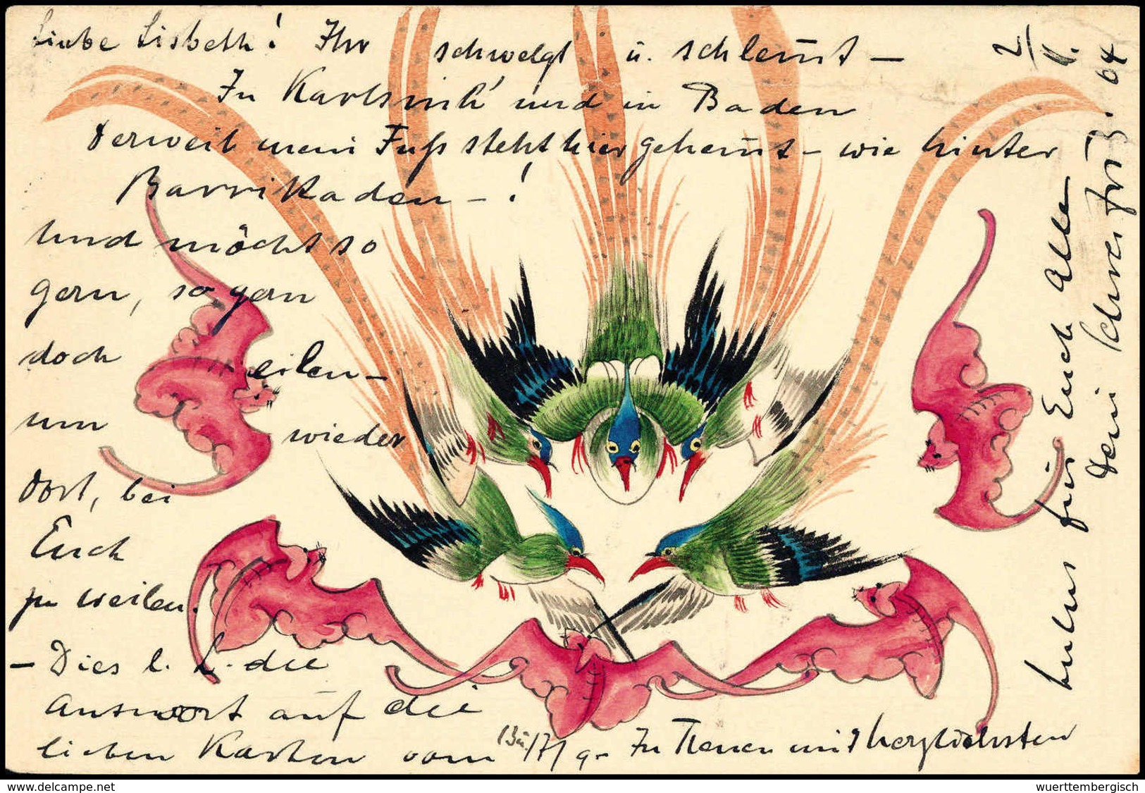 Beleg 1904, Paradiesvögel Und Fledermäuse, Dekorative Farbige Tuschfederzeichnung Auf Ganzsachenkarte 1 C. Mit Zusatzfra - Other & Unclassified