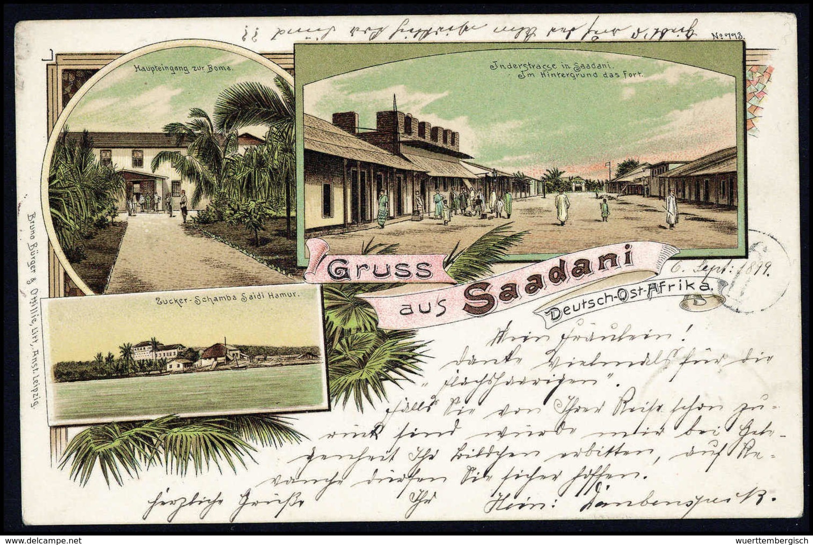 Beleg 1899, "Gruß Aus Saadani", Seltene Und Besonders Schöne Farblitho-Postkarte 3 P. (Michel: 7) - Altri & Non Classificati