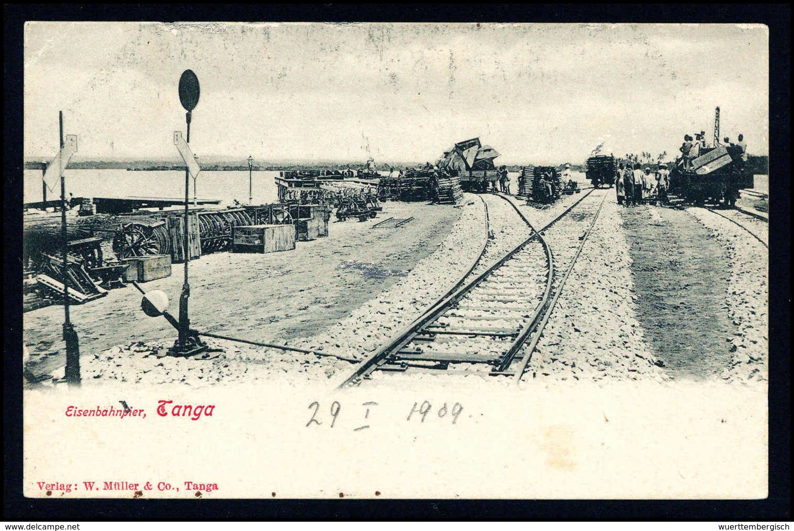 Beleg (1909), "Eisenbahnpier Tanga", Seltene Foto-AK. - Altri & Non Classificati