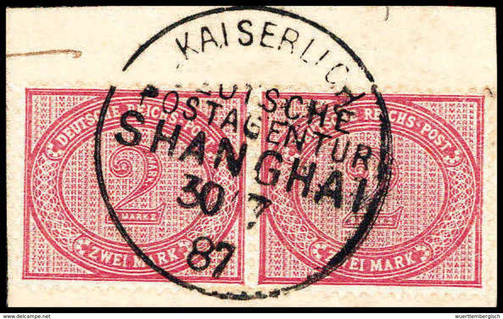 Briefst. 2 Mk., Tadelloses, Waagr. Paar Auf Leinen-Bfstk. Mit Vollem Stempel KDPA SHANGHAI 30/7 87. Selten, Sign. Mansfe - Other & Unclassified