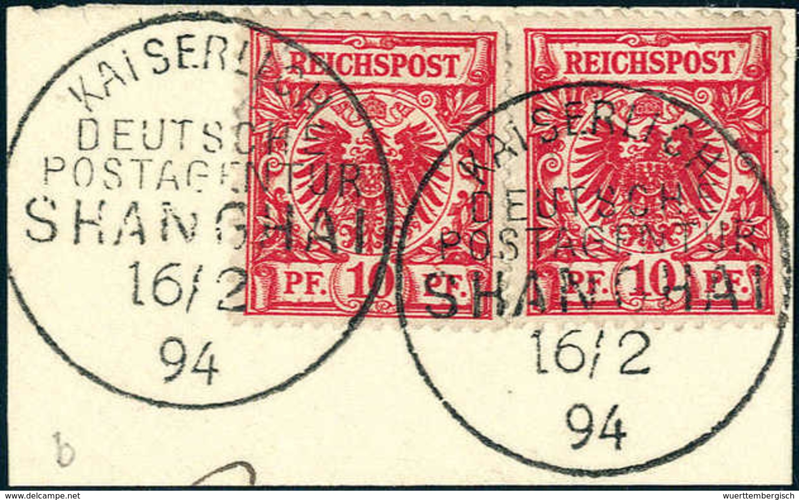 Briefst. 10 Pfg., Zwei Exemplare (eines Zhg. Etwas Unreg.) Auf Ideal Gestplt. Bfstk. KDPA SHANGHAI 16/2 94. (Michel: V47 - Sonstige & Ohne Zuordnung