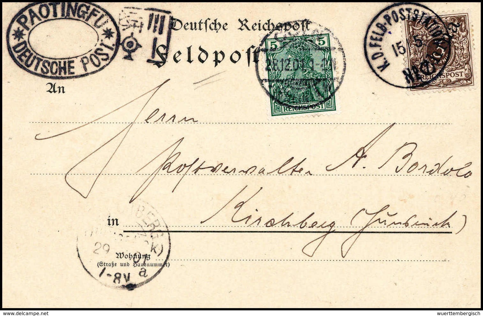 Beleg 3 Pfg., Postkarte Mit Klarem Stempel K.D.FELD-POSTSTATION No.7 (PAOTINGFU) 15/5 01 Sowie Beiges. Ovalstempel PAOTI - Sonstige & Ohne Zuordnung