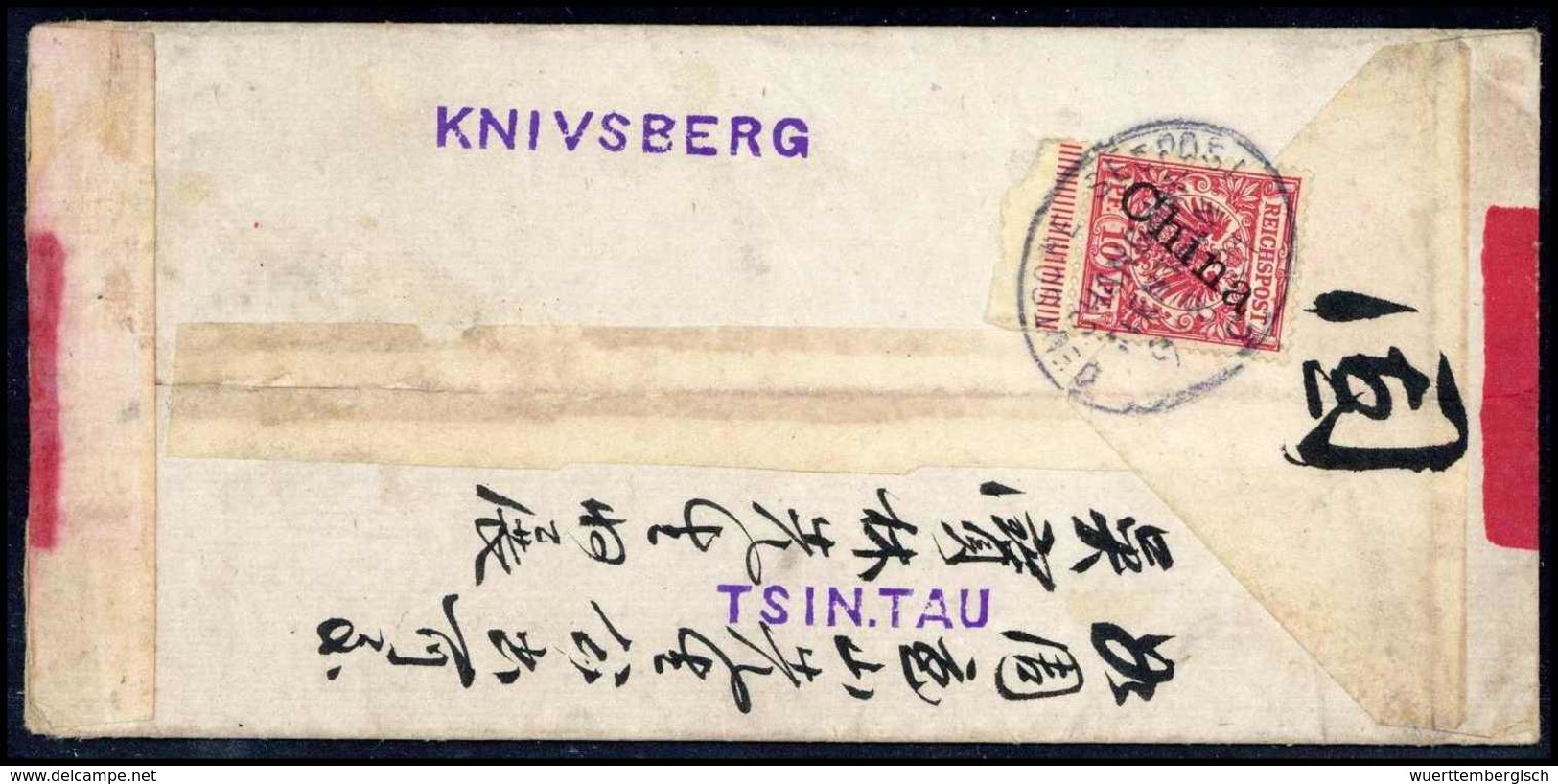 10 Pfg., Einzelfrankatur Auf Dekorativem Chines. Rotbandbrief Nach Tsingtau, Klarer Stempel SEEPOST SHANGHAI-TIENTSIN "c - Autres & Non Classés