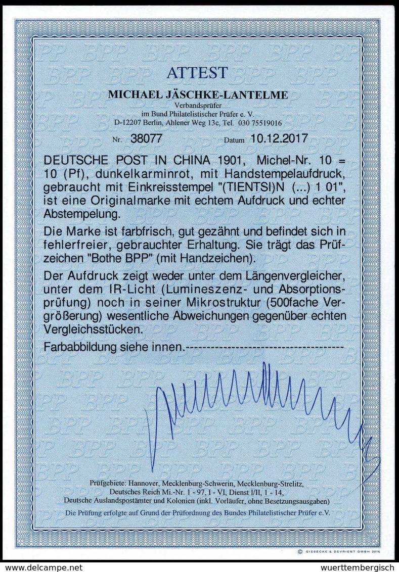 Gest. 10 Pfg., Tadellos Gestplt., Sign. Bothe BPP, Fotoattest Jäschke-L.BPP.<br/><b>Katalogpreis: 1.100,-</b> (Michel: 1 - Other & Unclassified
