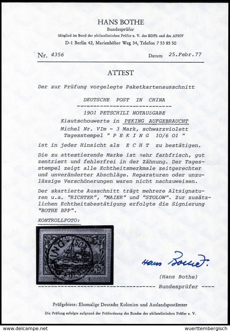 Briefst. 3 Mk., Tadelloses Exemplar Auf Graugrünem Paketkarten-Abschnitt Mit Vollem Stempel PEKING 10/6 01. Auf Einem Fo - Other & Unclassified