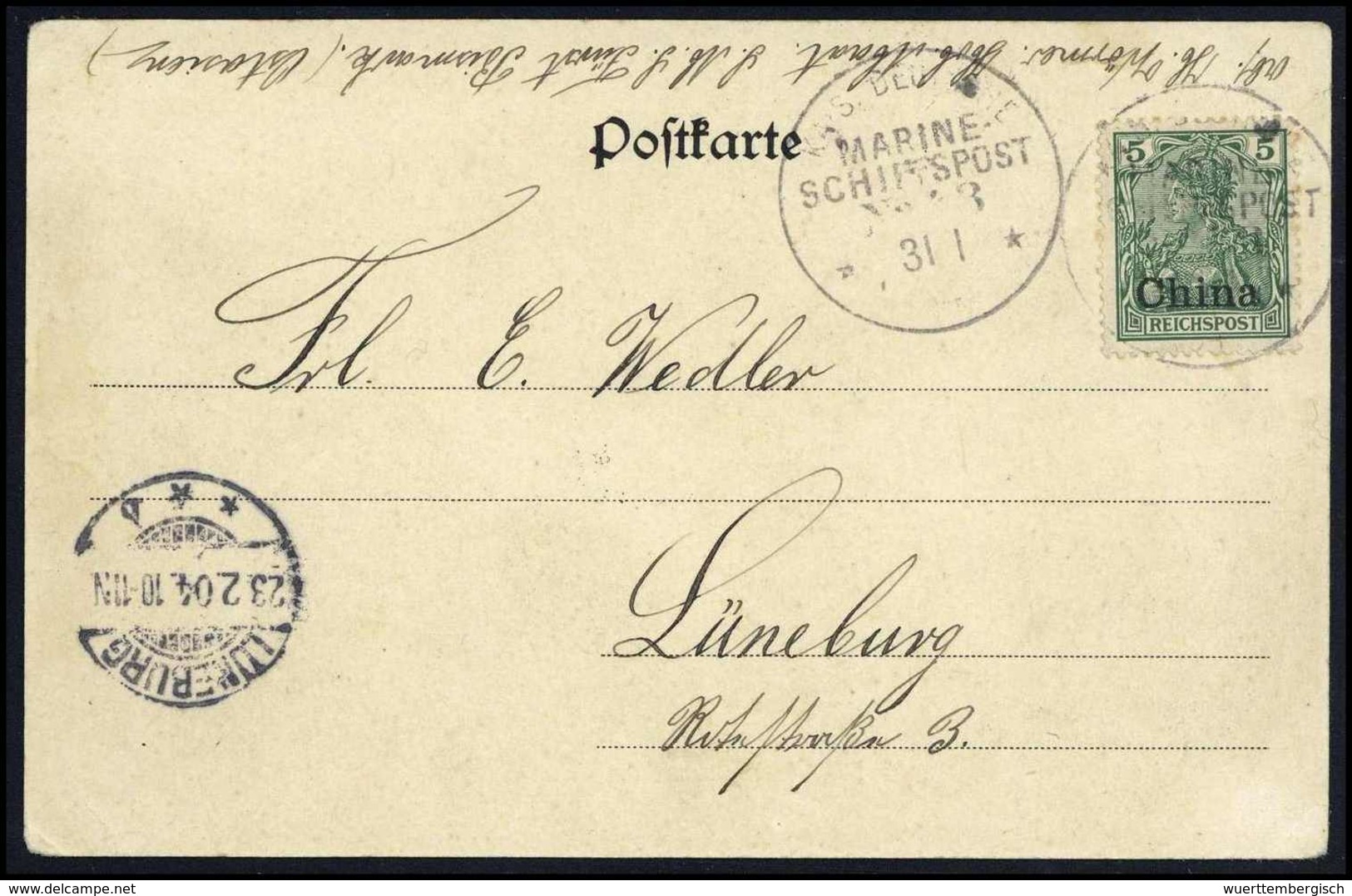 Beleg 5 Pfg., Tadellose Postkarte Mit Stempel K.D.MARINE-SCHIFFSPOST No.43 (Großer Kreuzer "Fürst Bismarck") 31/1 04 Auf - Other & Unclassified