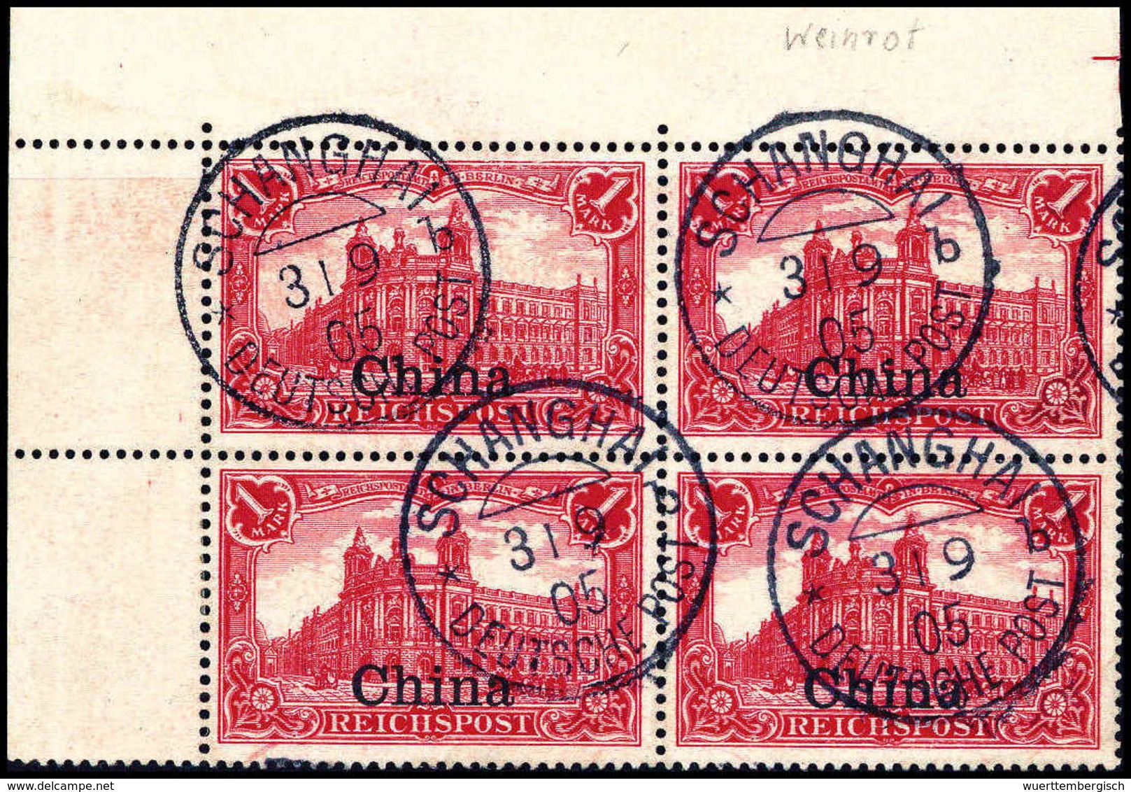 Gest. 1 Mk., Tadellos Gestplt. Eckrand-Viererblock Li. Oben. Selten. (Michel: 24(4)) - Other & Unclassified