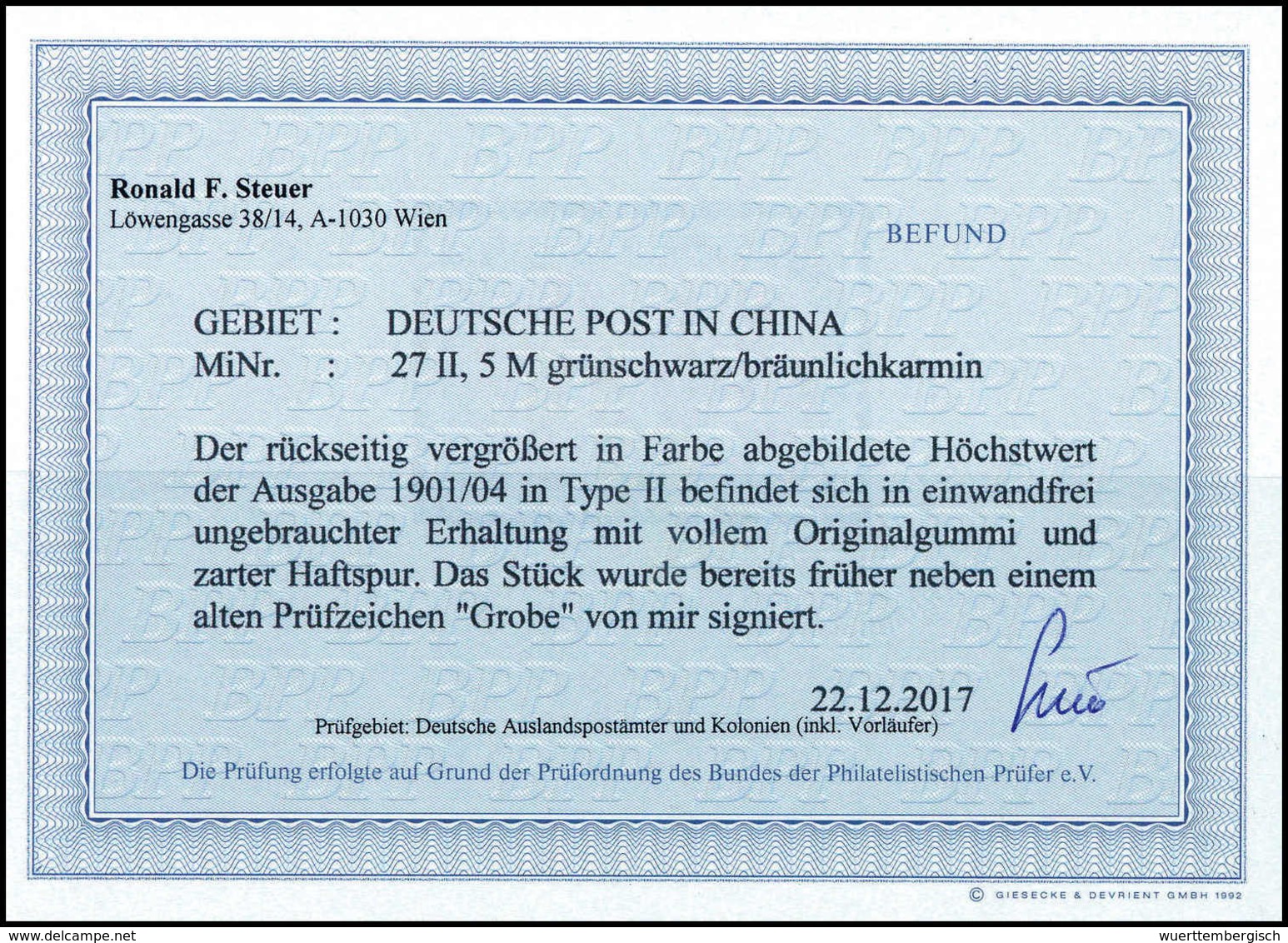 * 5 Mk., Tadelloses, Nahezu Postfr. Exemplar Mit Nur Winz. Haftspur, Fotobefund Steuer BPP.<br/><b>Katalogpreis: 260,-</ - Autres & Non Classés