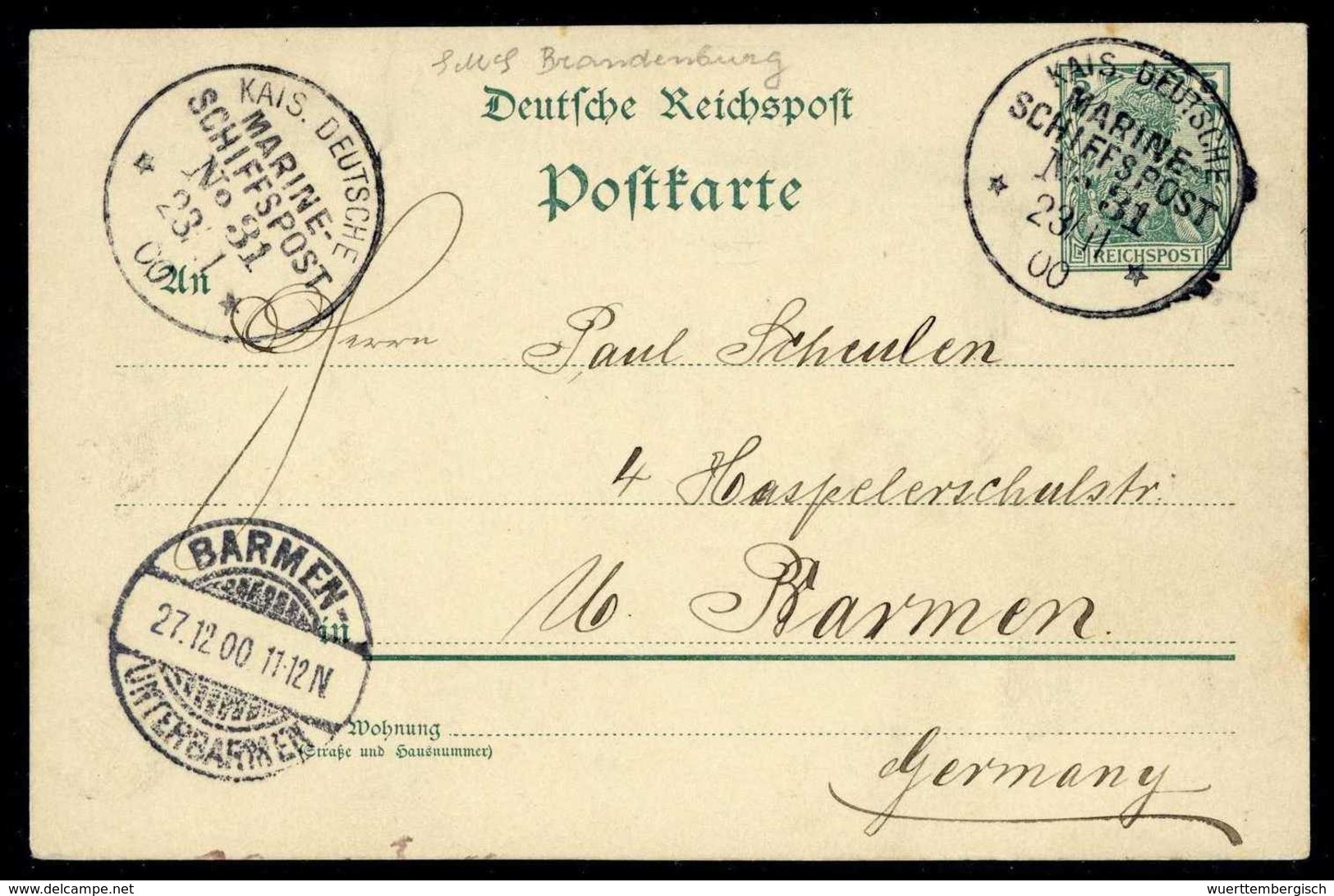 Beleg MSP No.31 ("Brandenburg") 23/11 00, Ideal Auf Postkarte Germania Reichspost 5 Pfg. (Michel: DR) - Sonstige & Ohne Zuordnung