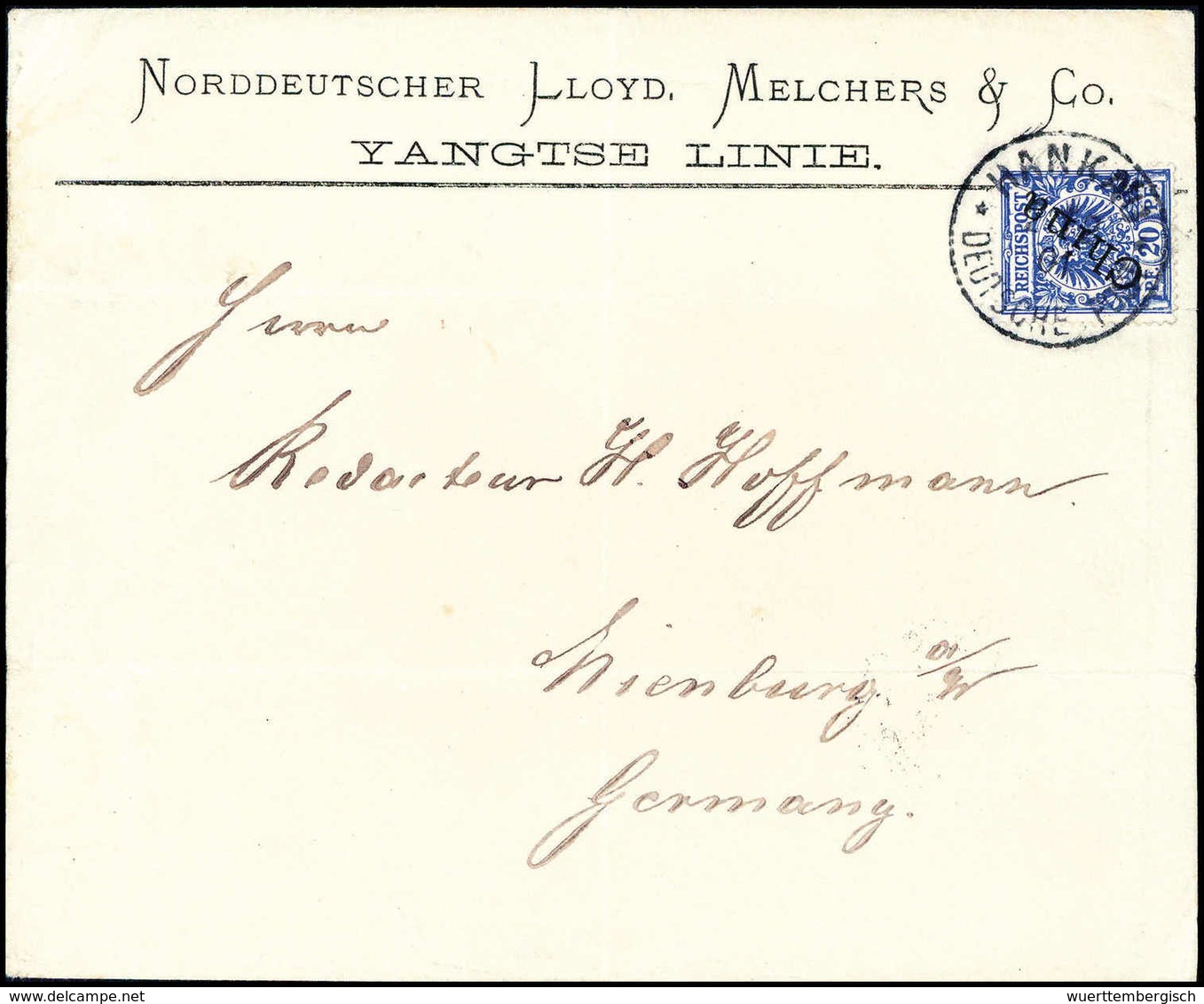 Beleg YANGTSE-LINIE, Vordruck-Umschlag (gef.) Des Norddeutschen Lloyd Mit 20 Pfg. Und Klarem Stempel HANKAU 22/2 01. (Mi - Sonstige & Ohne Zuordnung