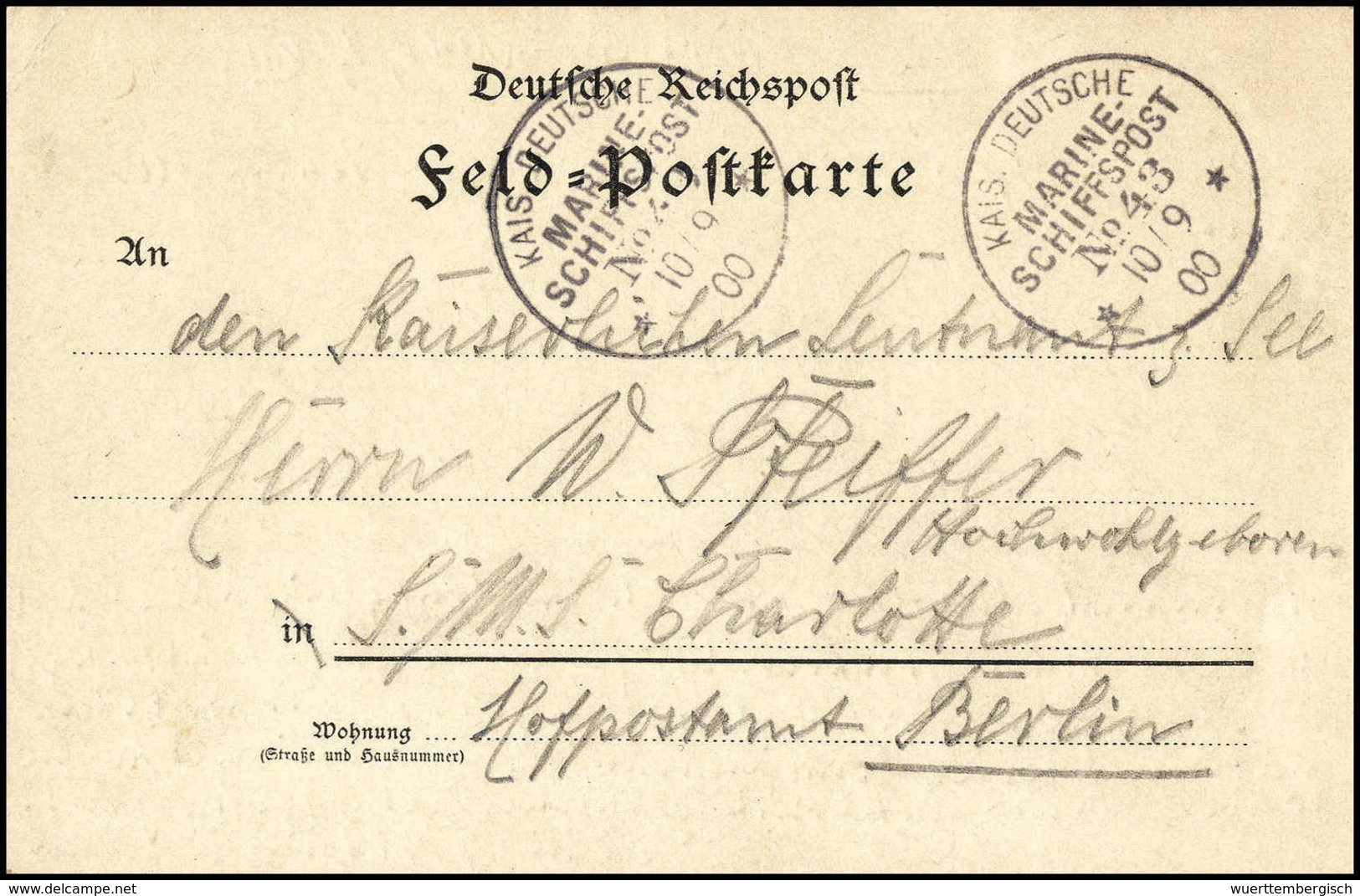 Beleg "Woosung-Rhede 27/8 Oo", Außergewöhnlich Frühe Marine-Feldpostkarte Mit Stempel K.D.MARINE-SCHIFFSPOST No.43 ("Für - Autres & Non Classés