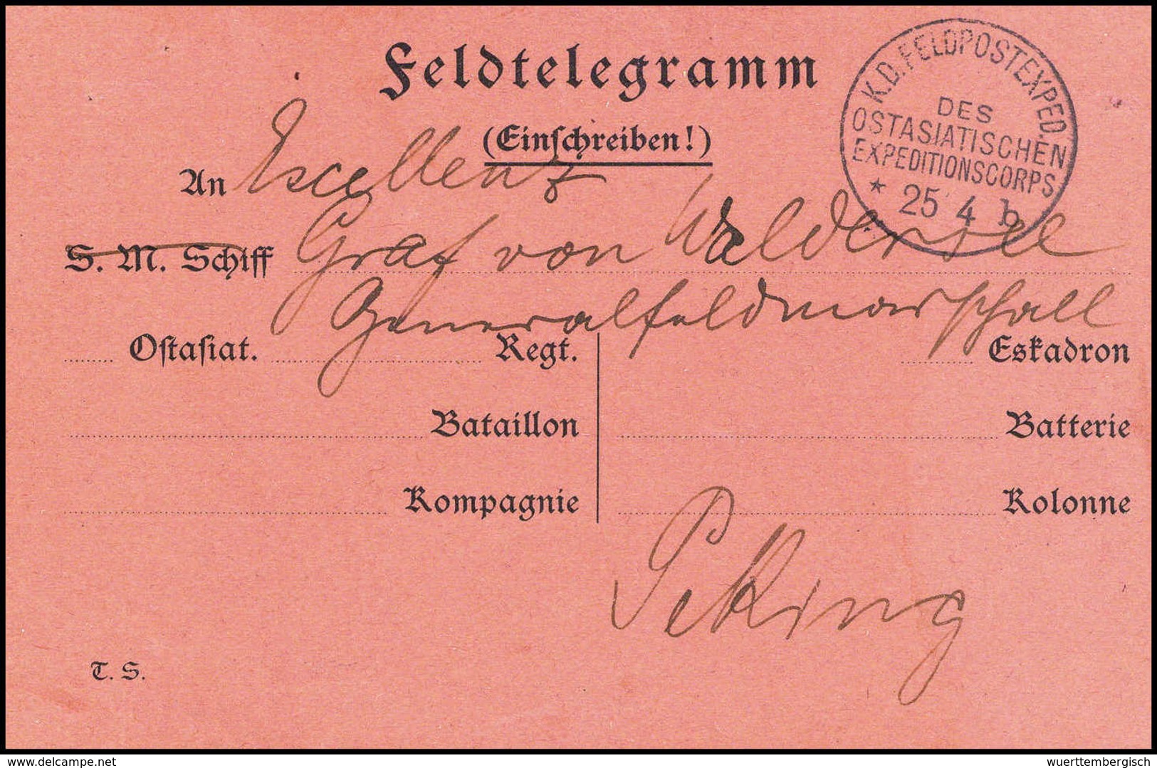 Beleg Telegramm An Generalfeldmarschall V.Waldersee: K.D.FELDPOSTEXPED. OAEC 25/4 (1901), Klar Auf Rosa Feldtelegramm, A - Sonstige & Ohne Zuordnung