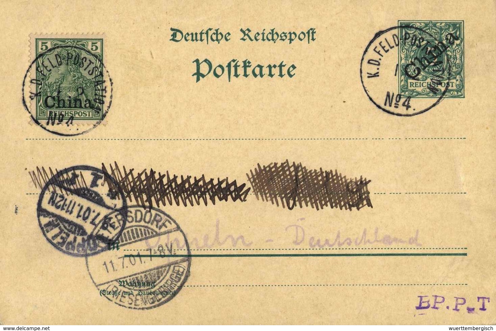 Beleg K.D.FELD-POSTSTATION No.4, Zweimal Klar Auf Postkarte 5 Pfg. Mit Zusatzfrankatur Germania 5 Pfg. Nach Dtld. Mit Ak - Other & Unclassified