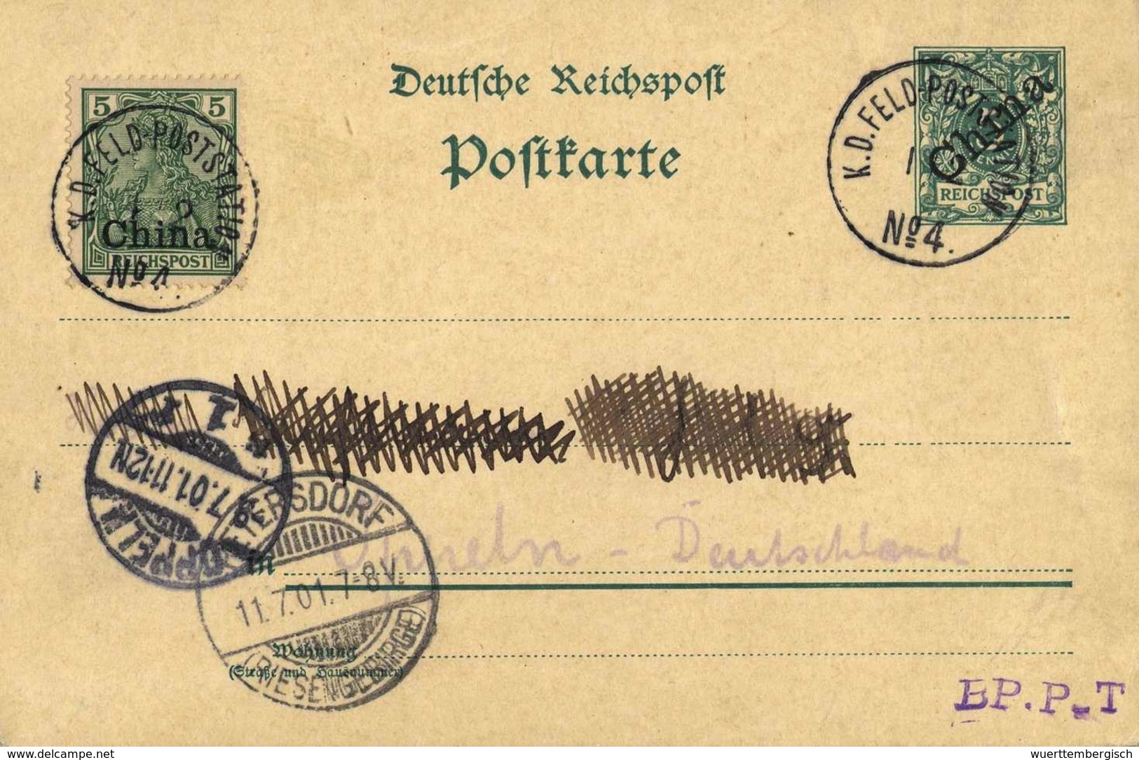 Beleg K.D.FELD-POSTSTATION No.4, Zweimal Klar Auf Postkarte 5 Pfg. Mit Zusatzfrankatur Germania 5 Pfg. Nach Dtld. Mit Ak - Autres & Non Classés