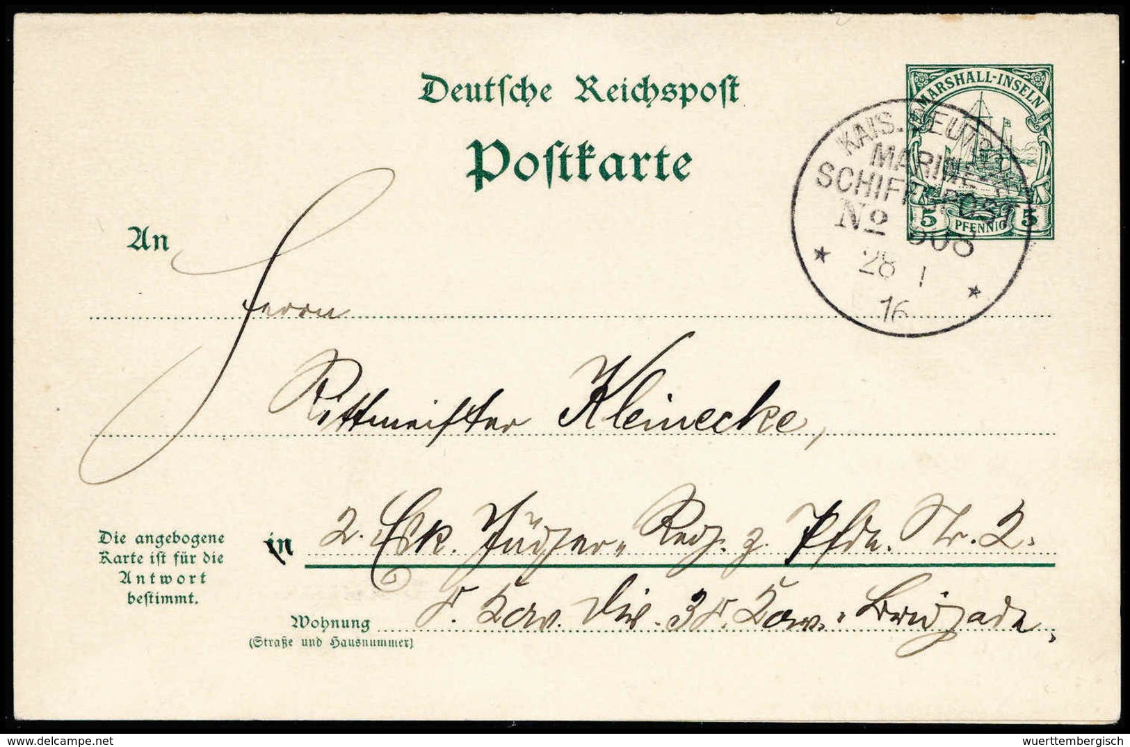 Beleg K.D.MARINE-SCHIFFSPOST No.308. 28/1 16, Klar Auf Doppelkarte Marshall-Inseln 5 Pfg., Datiert "An Bord Der Kewkiang - Sonstige & Ohne Zuordnung