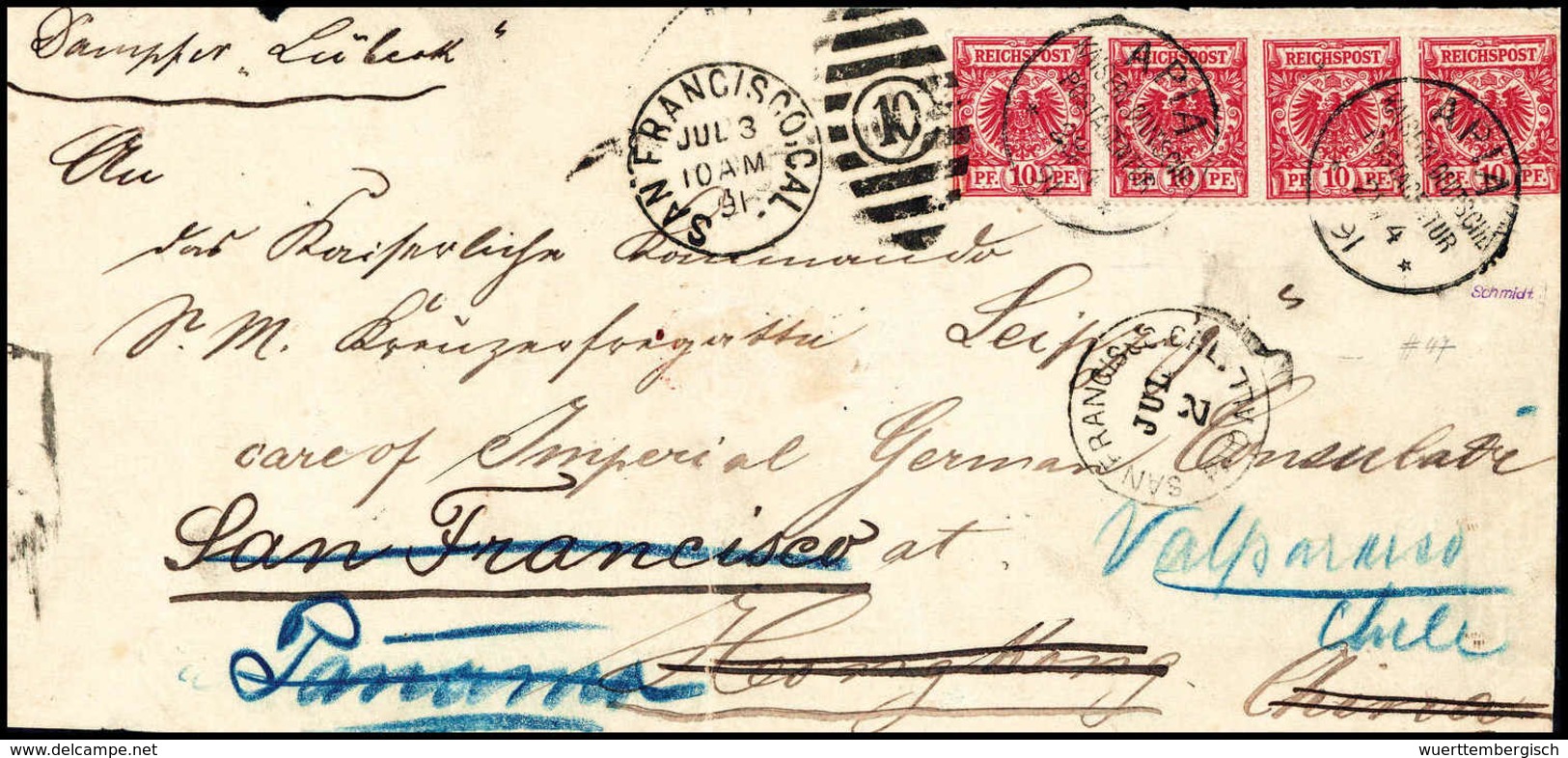 Beleg 1891, APIA KDPA, Zwei Klare Abschläge Auf Gef. Brief-Vds. Viermal 10 Pfg. Mit Leitvermerk "Dampfer Lübeck" An Das  - Autres & Non Classés