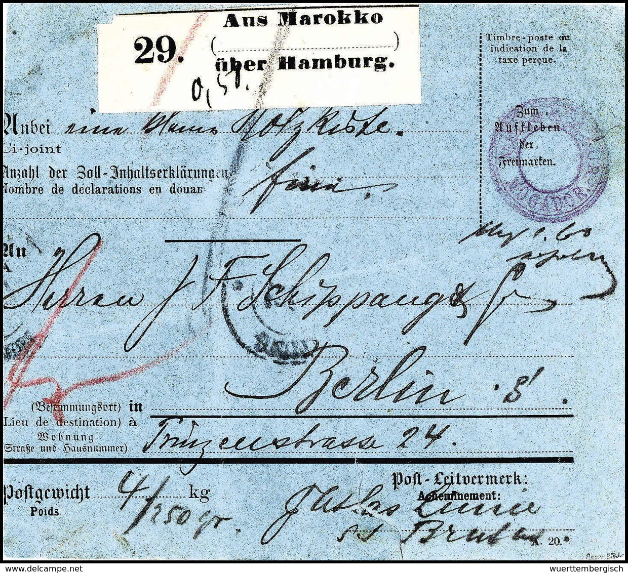 Beleg 1890, Blaue Paketkarte Der Atlas-Linie Mit Violettem Aufgabe-K2 Der Agentur "Weiss & Maur / Mogador" Und Paketaufk - Other & Unclassified