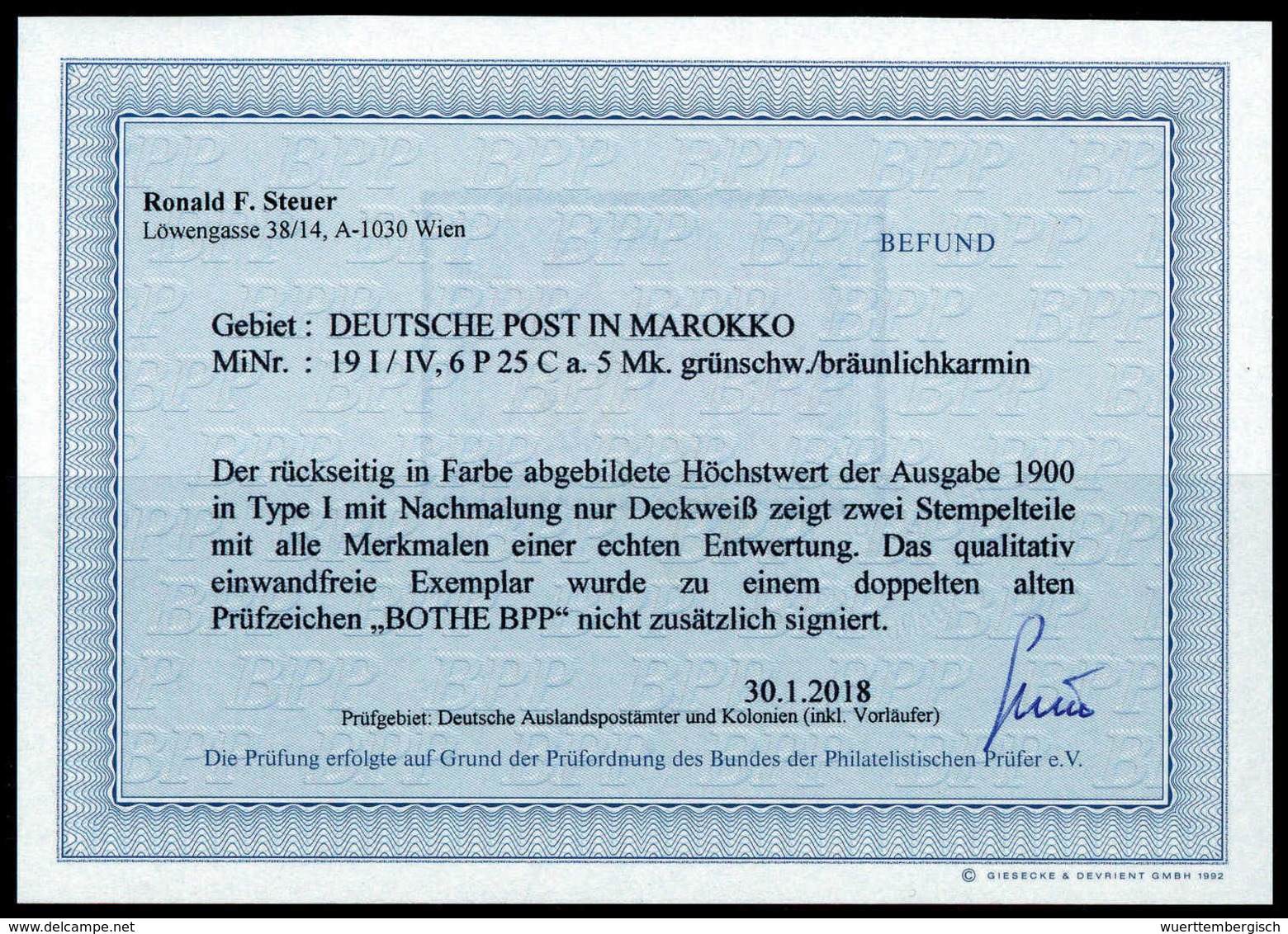 Gest. 6,25 Pes., Tadellos Gestplt., Fotobefund Steuer BPP.<br/><b>Katalogpreis: 700,-</b> (Michel: 19I/IV) - Sonstige & Ohne Zuordnung