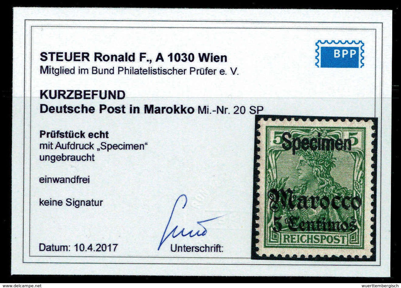 * 5 C., Aufdruck: Specimen, Tadellos Ungebr., Fotobefund Steuer BPP.<br/><b>Katalogpreis: 350,-</b> (Michel: 20SP) - Autres & Non Classés