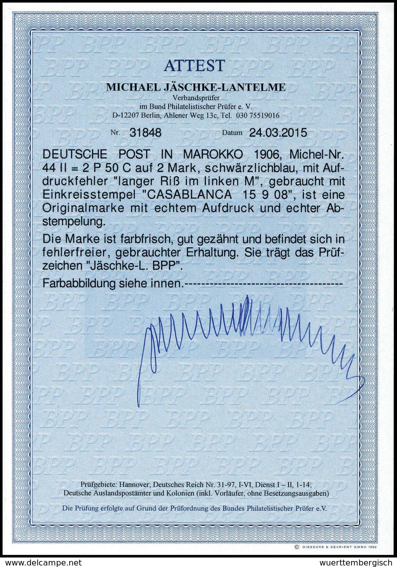 Gest. 2,50 Pes., Plf. II (langer Riß Im Linken "M"), Tadelloses Exemplar Mit Klarem Stempel CASABLANCA 15/9 08. Diese Ab - Autres & Non Classés