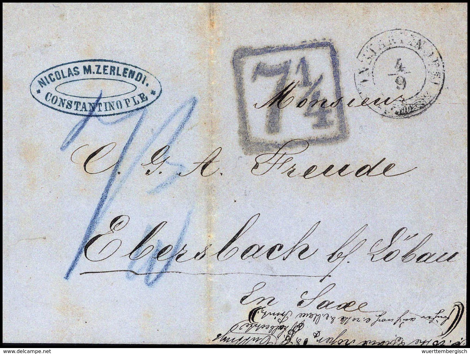 Beleg CONSTANTINOPEL 4/9 (1857), K2 Der österr. Post Mit Beiges. Taxstempel "7 1/4" Nebst Blauer Austaxierung "7 3/10" A - Autres & Non Classés