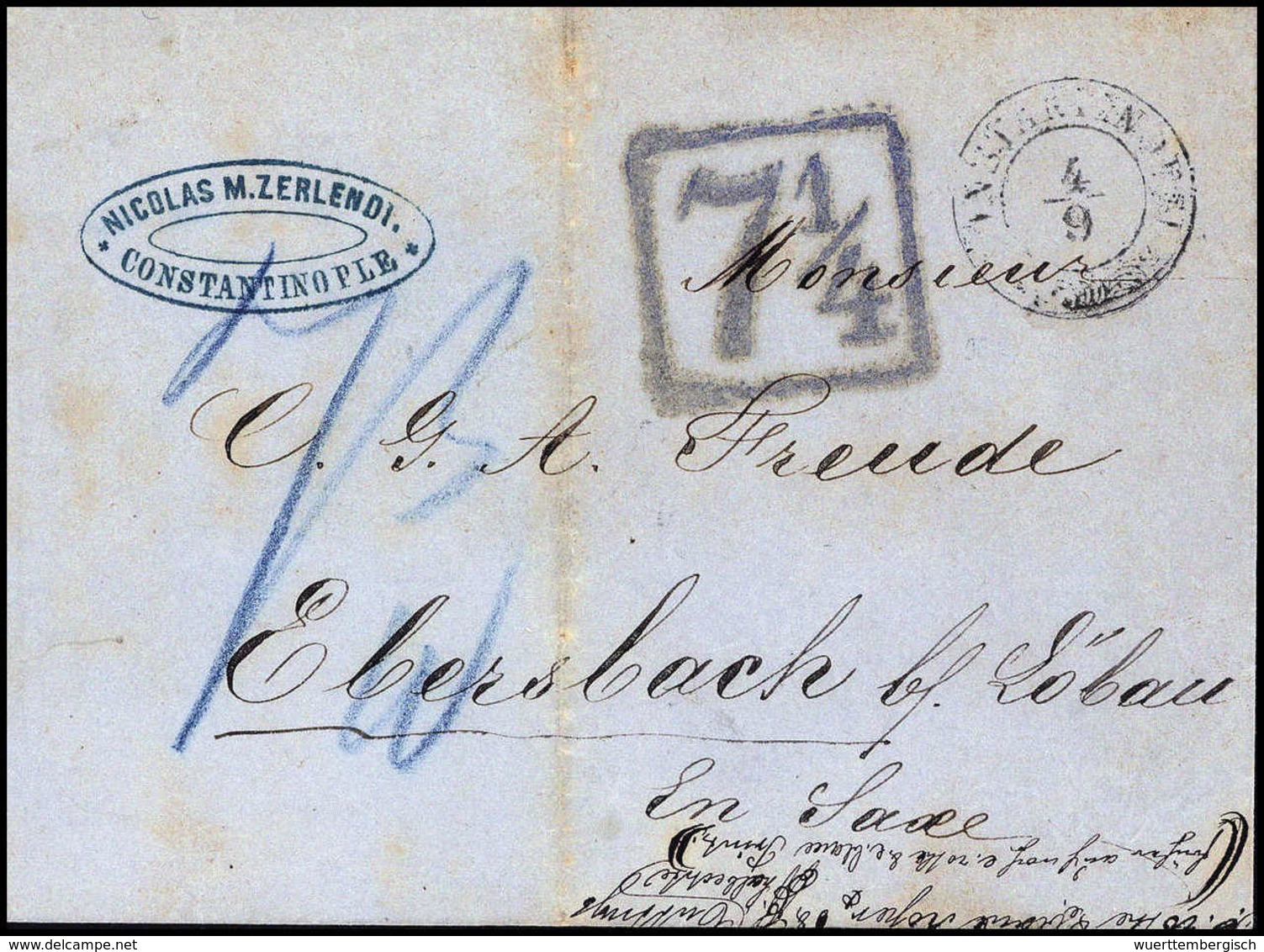 Beleg CONSTANTINOPEL 4/9 (1857), K2 Der österr. Post Mit Beiges. Taxstempel "7 1/4" Nebst Blauer Austaxierung "7 3/10" A - Other & Unclassified