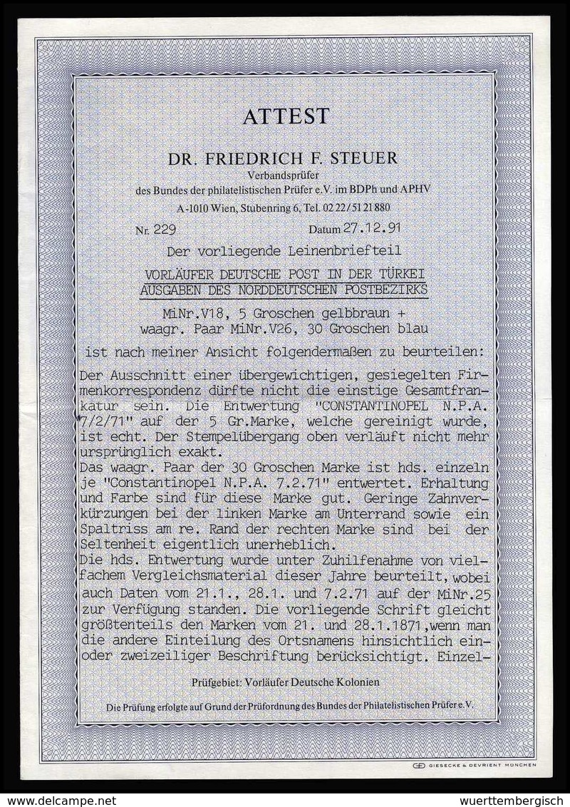 Briefst. 30 Gr. Blau Im Waagr. Paar Mit 5 Gr. Olivbraun Auf Briefteil. Die 30 Gr. Mit Vorgeschriebener Handschriftlicher - Sonstige & Ohne Zuordnung