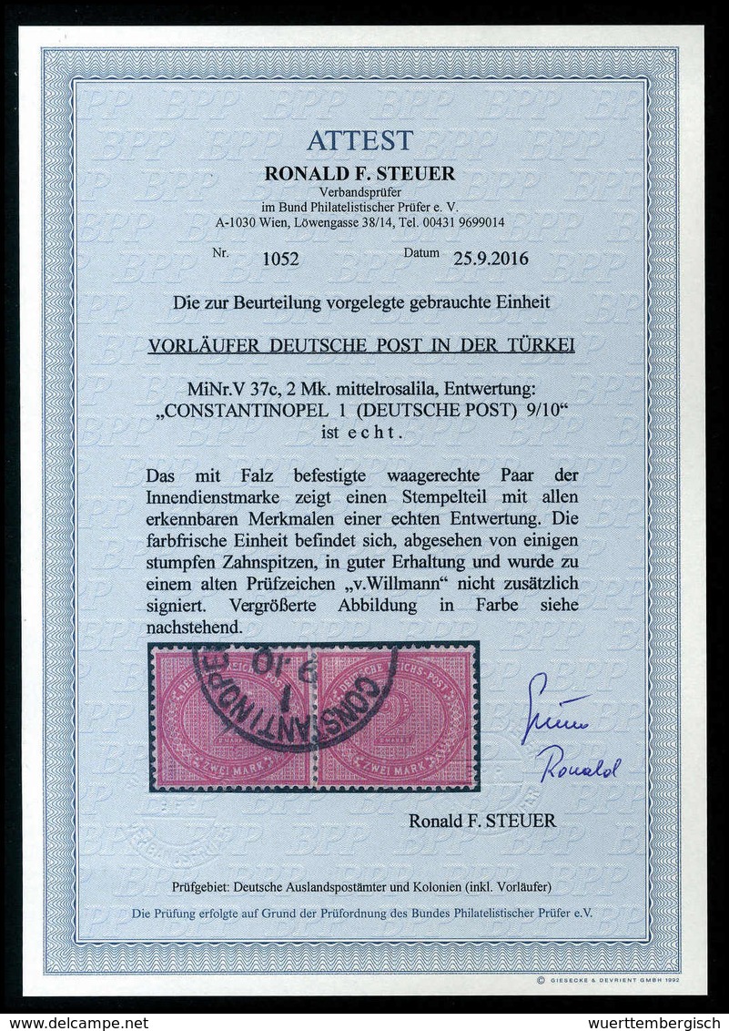 Gest. 2 Mk. Mittelrosalila, Waagr. Paar In Guter, Oben Etwas Unreg. Zhg., Klarer Stempel CONSTANTINOPEL 1. Selten, Sign. - Autres & Non Classés