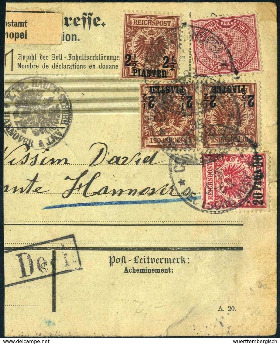 Briefst. 2 Mk. Mit Aufdruckausgabe 20 P. Und Dreimal 2½ Pia. Auf Großteil Von Paketkarte (kl. Mängel).<br/><b>Katalogpre - Autres & Non Classés