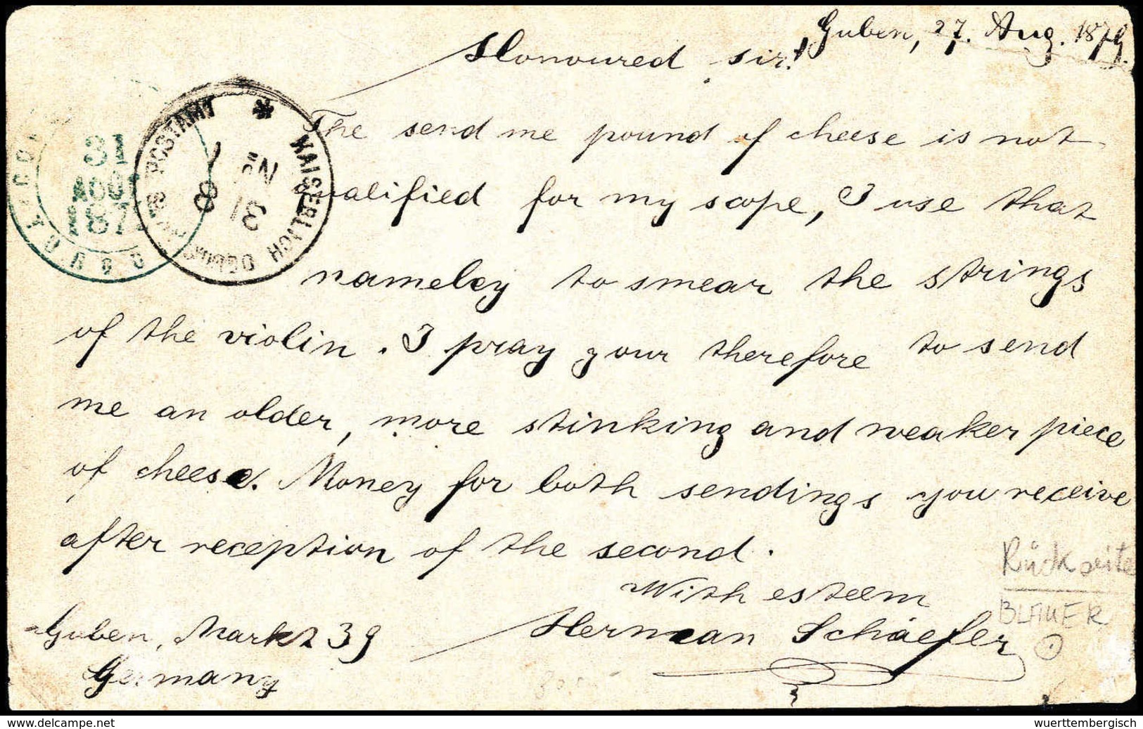 Beleg Übergabepost 1879 10 Pfg., Postkarte Mit Stempel GUBEN 28/8 79 Nach CONSTANTINOPEL (leichte Gebrauchsspuren), Rs.  - Autres & Non Classés