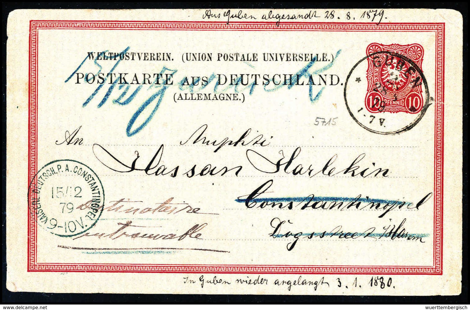 Beleg Übergabepost 1879 10 Pfg., Postkarte Mit Stempel GUBEN 28/8 79 Nach CONSTANTINOPEL (leichte Gebrauchsspuren), Rs.  - Other & Unclassified