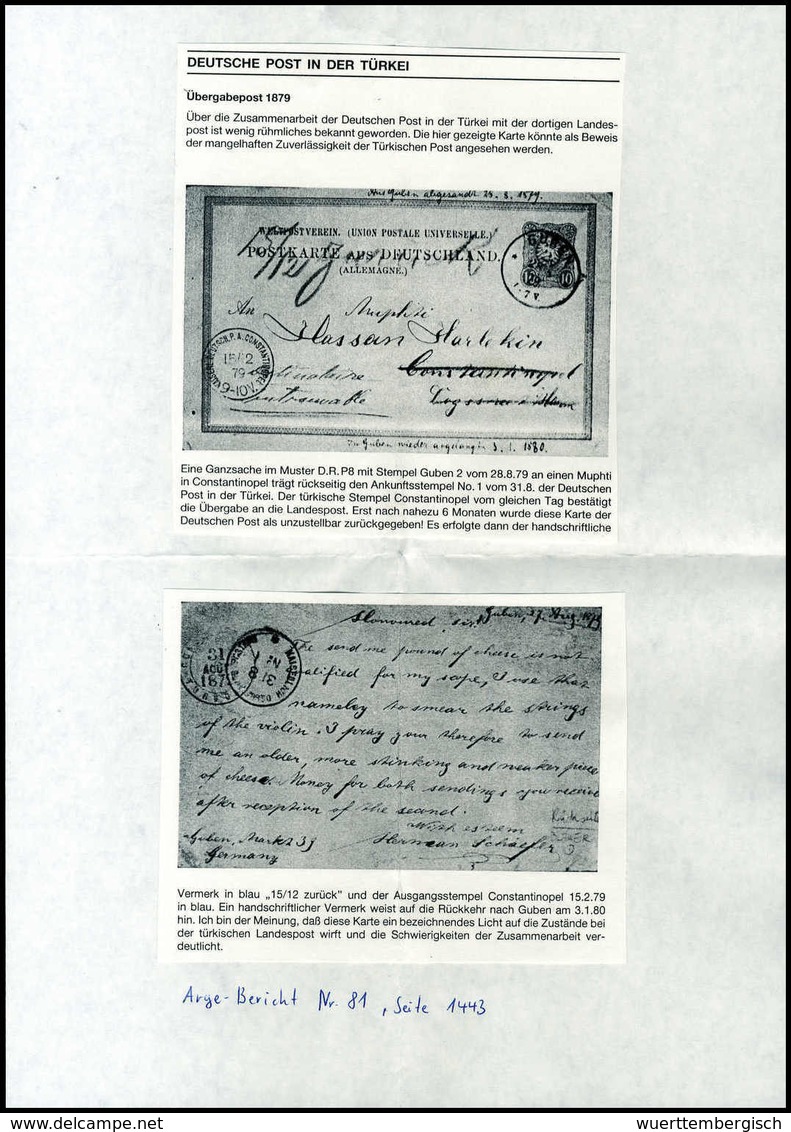 Beleg Übergabepost 1879 10 Pfg., Postkarte Mit Stempel GUBEN 28/8 79 Nach CONSTANTINOPEL (leichte Gebrauchsspuren), Rs.  - Other & Unclassified