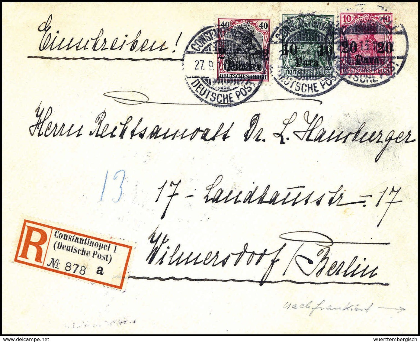 Beleg 10 Und 20 P. Sowie 2 Pia., Vs. Auf Schönem R-Brief Mit Stempel CONSTANTINOPEL 1. 27/9 13, Auf Der Rückseite Nachfr - Autres & Non Classés